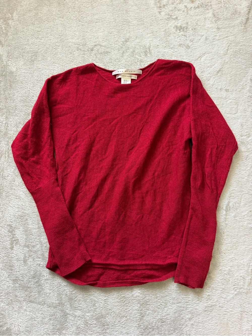 Max Studio Red %100 Extrafine Merino Wool Crewneck Long Sleeve